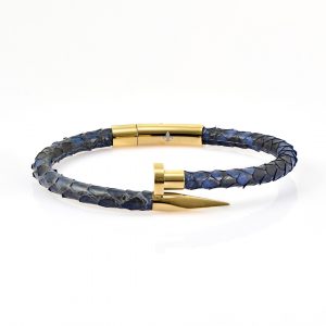 Blue Python Leather Gold Nail Bracelet with 18kt plated gold