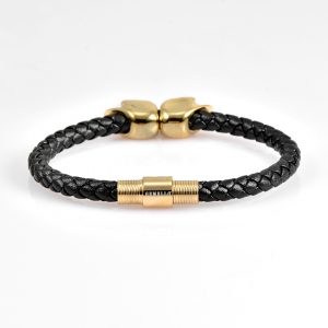 Black Leather Yellow Gold Twins Skull Bracelet 18kt Plated Gold