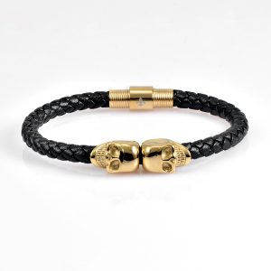 Black Leather Yellow Gold Twins Skull Bracelet 18kt Plated Gold